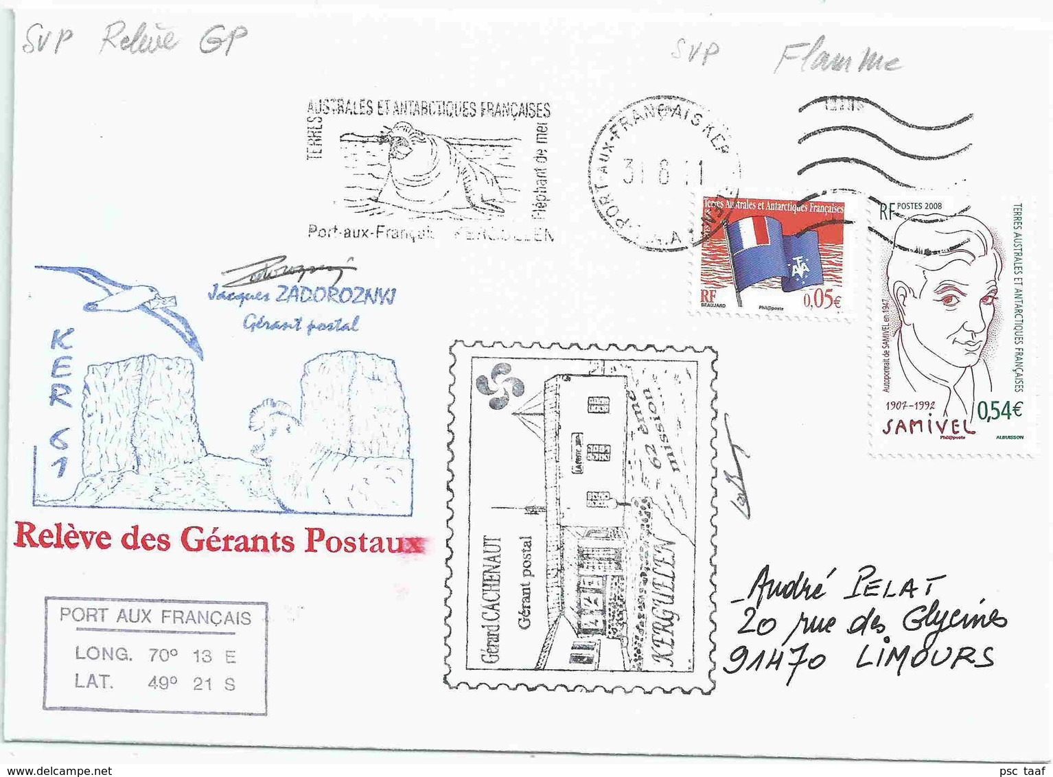 YT 501 - Samivel - Relève Des Gérants Postaux - Oblitération Satas De Port Aux Français - Kerguelen - 31/08/2011 - Lettres & Documents