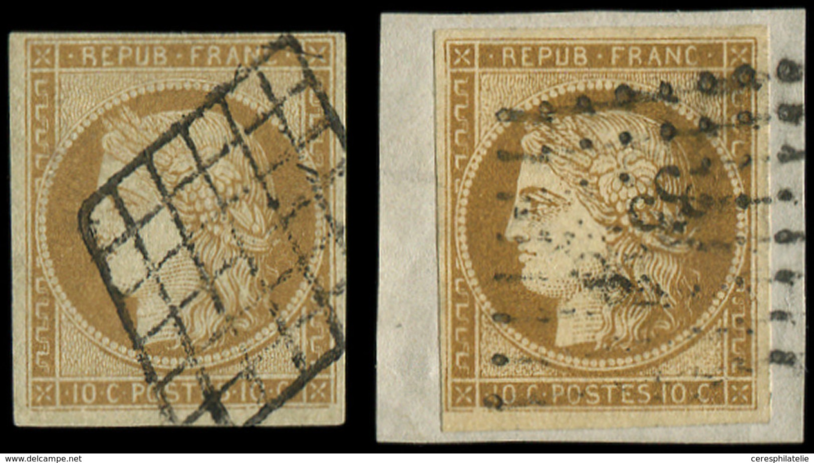 EMISSION DE 1849 - 1    10c. Bistre-jaune, 2 Ex. Obl. GRILLE Et PC S. Fragt, TB - 1849-1850 Cérès