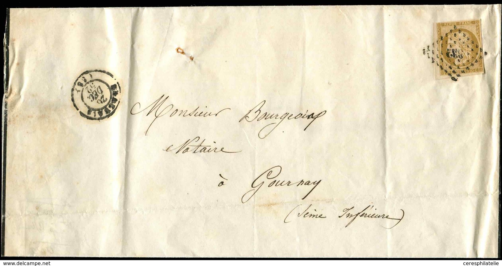 Let EMISSION DE 1849 - 1    10c. Bistre-jaune, Petit BORD DE FEUILLE, Obl. PC 332 S. LSC, Càd T15 BEAUVAIS 26/12/52, TB - 1849-1850 Cérès