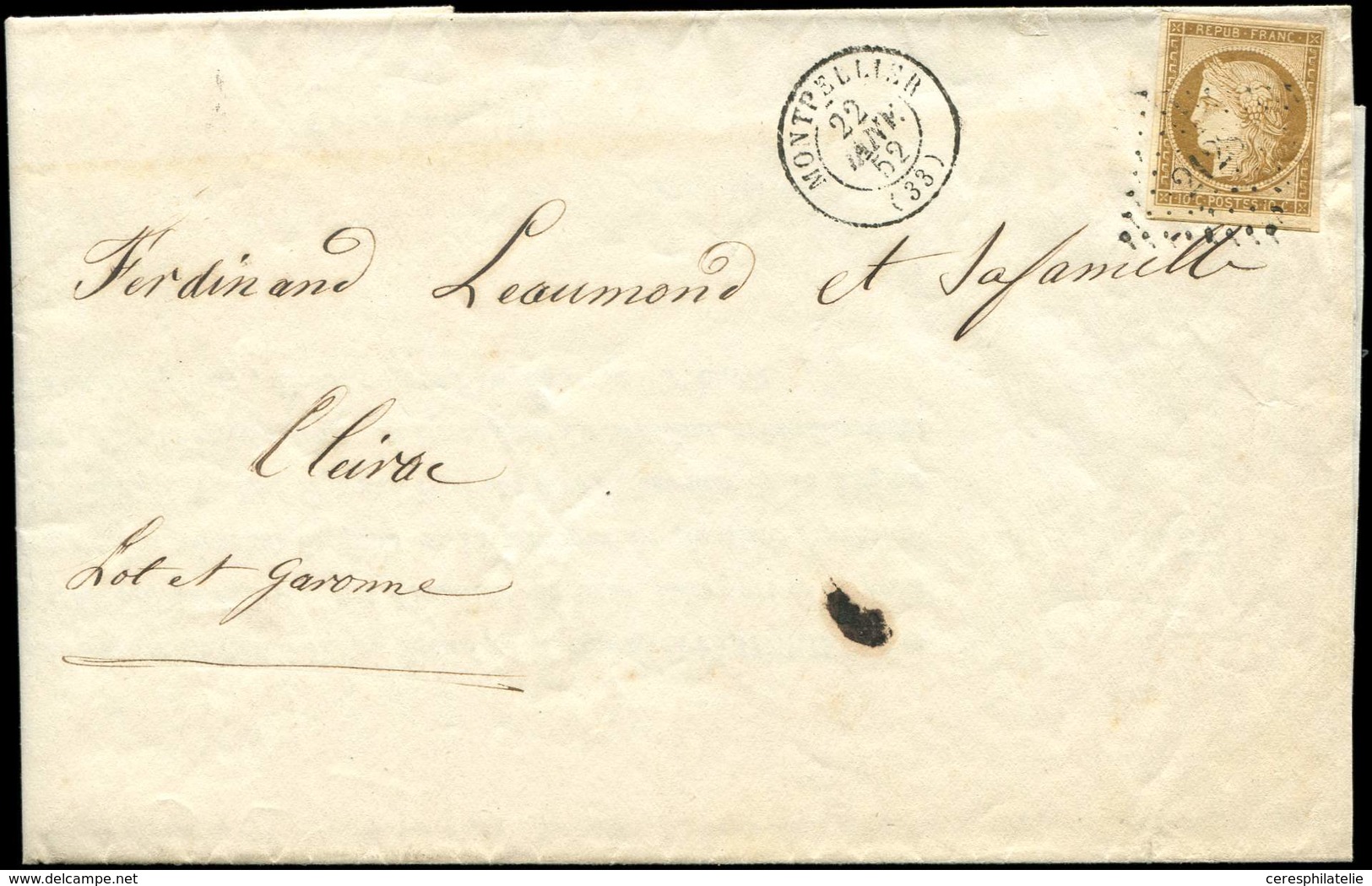 Let EMISSION DE 1849 - 1    10c. Bistre-jaune, Obl. PC 2128 S. LAC, Càd MONTPELLIER 22/1/52, TTB - 1849-1850 Cérès