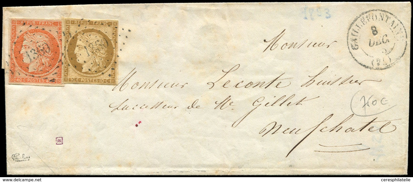 Let EMISSION DE 1849 - 1 Et 5, 10c. Bistre-jaune Au Filet Dans Un Angle Et 40c. Orange, Obl. PC 1360 S. LSC, Càd T15 GAL - 1849-1850 Ceres