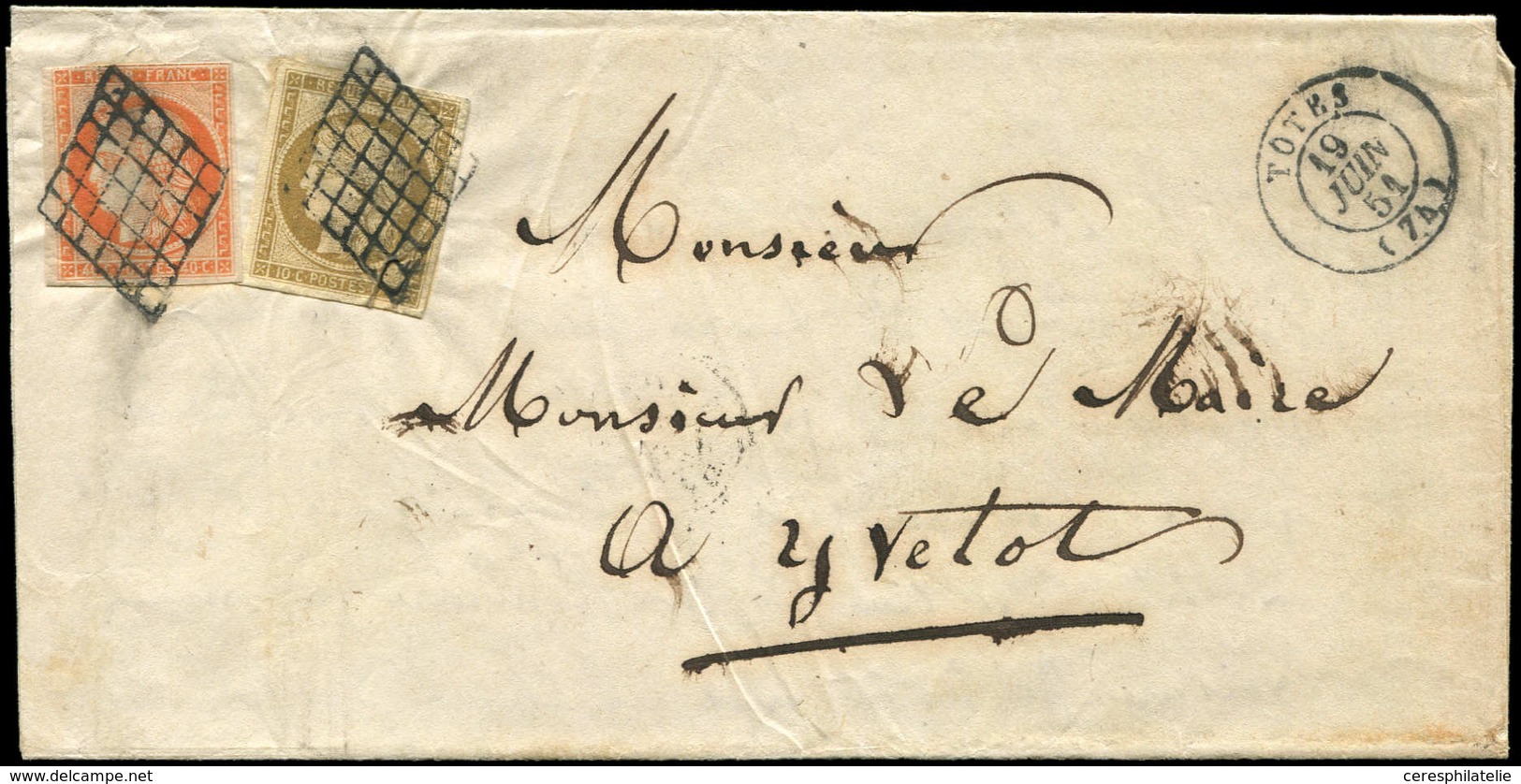 Let EMISSION DE 1849 - 1 Et 5, 10c. Bistre-jaune Et 40c. Orange, Au Filet Dans Un Angle, Obl. GRILLE S. LAC, Càd T15 TOT - 1849-1850 Cérès