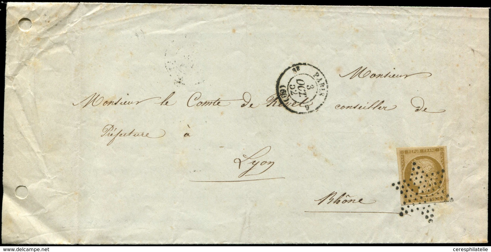 Let EMISSION DE 1849 - 1a   10c. Bistre-brun, Obl. ETOILE S. Faire-part, Càd 3e PARIS 6 3/10/72, Superbe - 1849-1850 Cérès