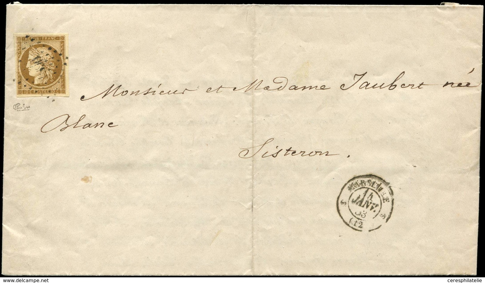 Let EMISSION DE 1849 - 1a   10c. Bistre-brun, Obl. PC 1896 S. Faire-part, Càd MARSEILLE 14/1/53, TB - 1849-1850 Cérès