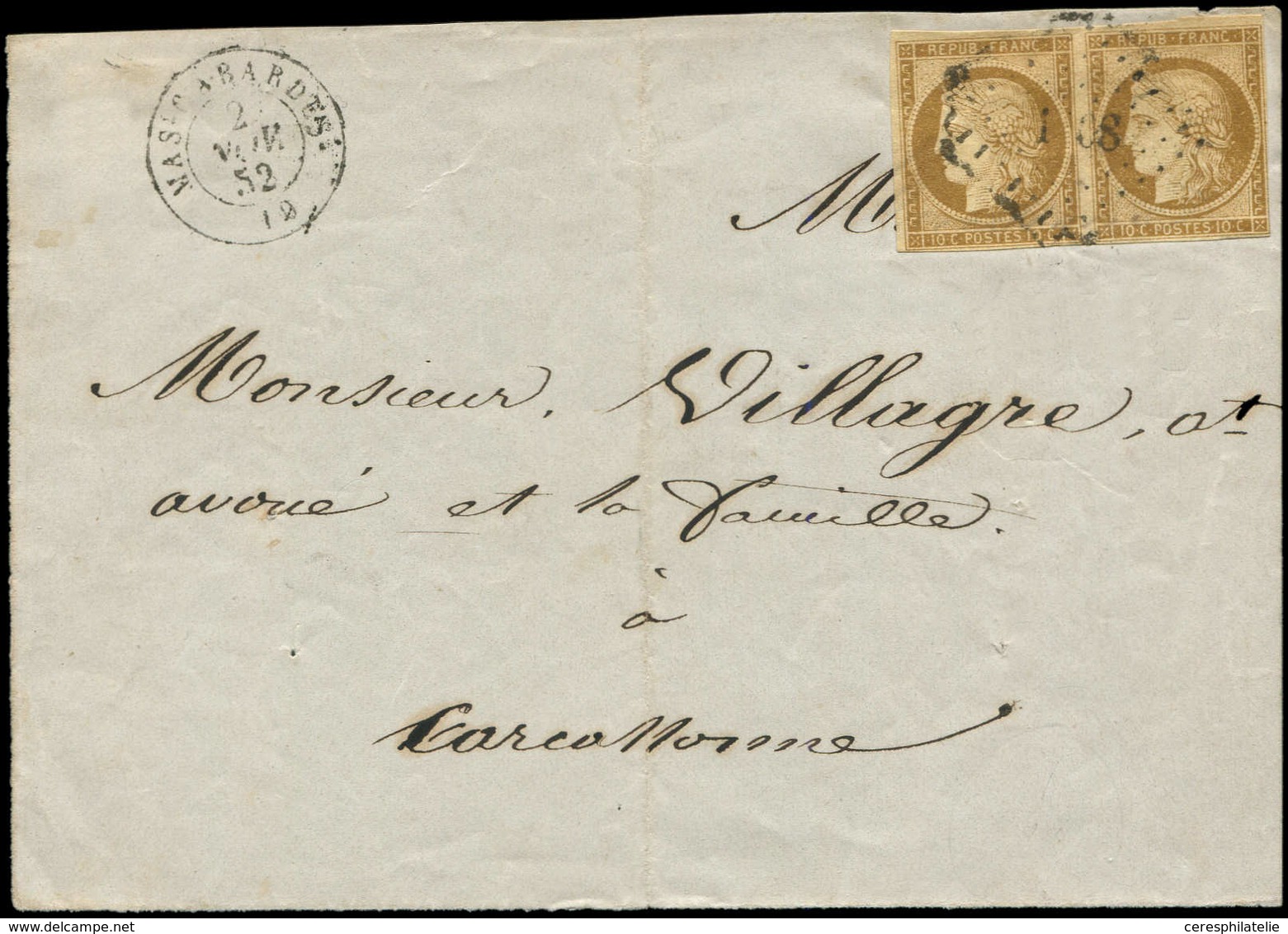 Let EMISSION DE 1849 - 1a   10c. Bistre-brun, PAIRE, Un Ex. Au Filet Sur 6 Mm, Obl. PC 1908 Sur Devant, Càd T15 MAS-CABA - 1849-1850 Cérès