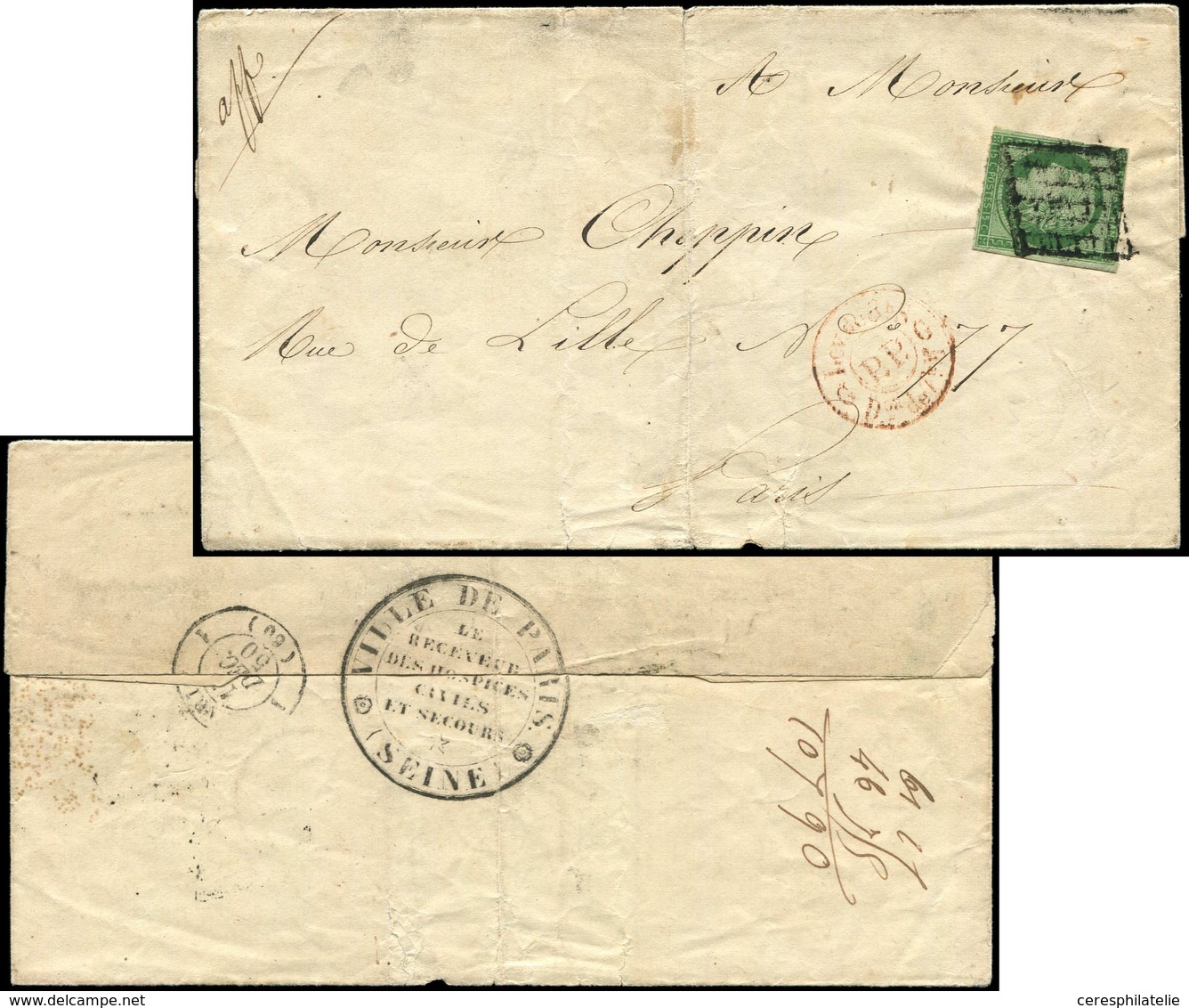 Let EMISSION DE 1849 - 2    15c. Vert Déf., Obl. GRILLE S. LSC,  Cachet PP N°2780, Au Verso Grand Cachet Ville De Paris  - 1849-1850 Cérès