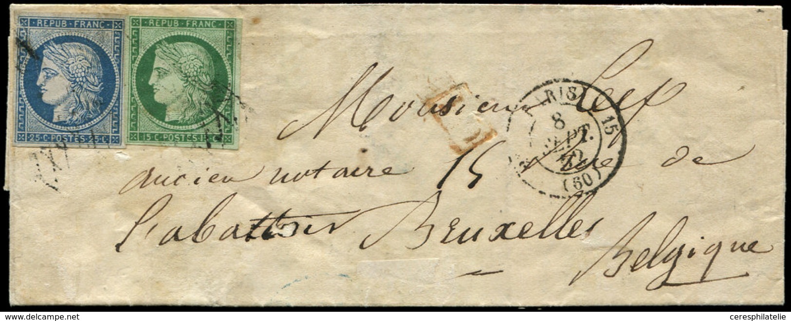 Let EMISSION DE 1849 - 2 Et 4, 15c. Vert Et 25c. Bleu (défx) Obl. GRILLE SANS FIN S. LAC, Càd PARIS 8/9/52, Arr. BRUXELL - 1849-1850 Cérès