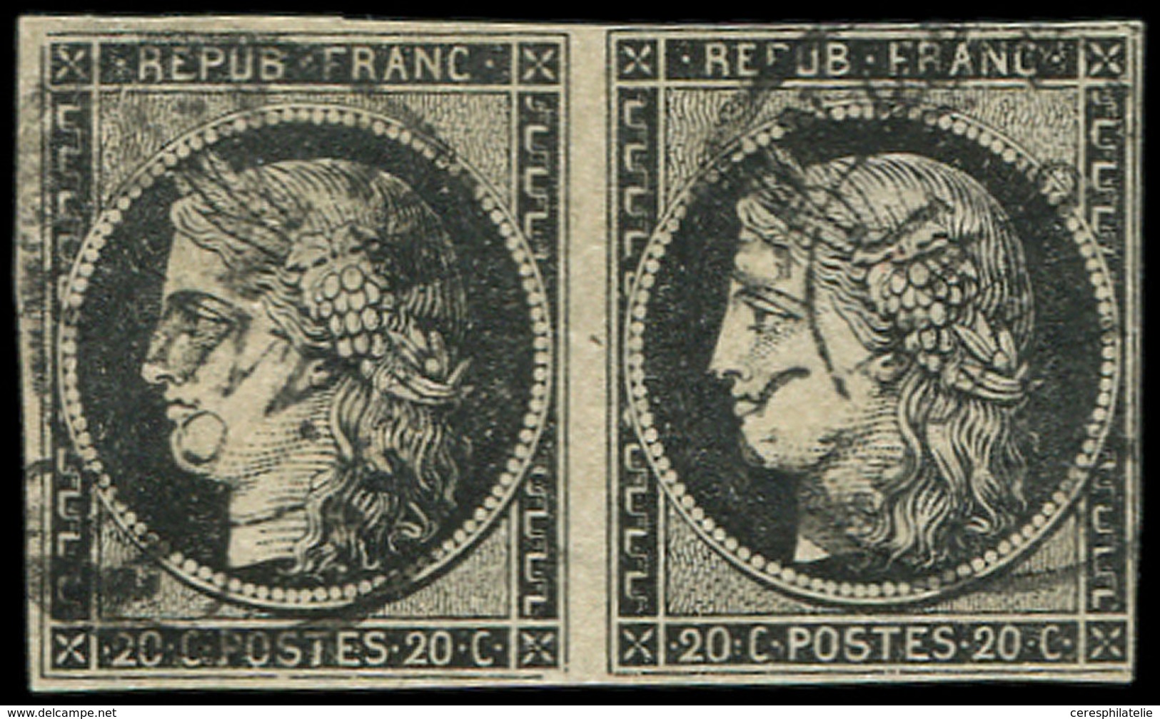 EMISSION DE 1849 - 3    20c. Noir Sur Jaune, PAIRE 1 Ex. Effl. Obl. Càd T15 2 JANV 49, TB - 1849-1850 Ceres