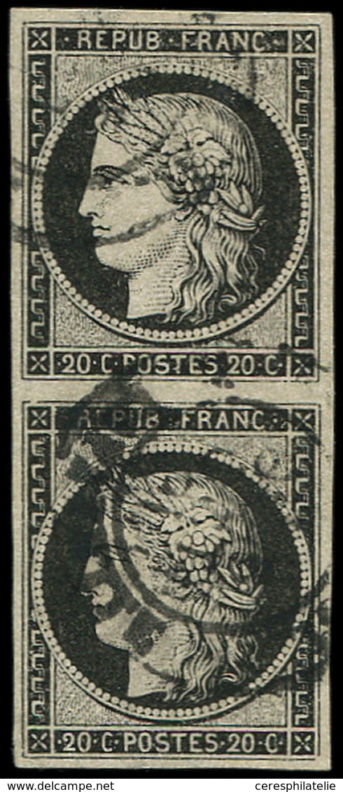 EMISSION DE 1849 - 3a   20c. Noir Sur Blanc, PAIRE Verticale Obl. Càd Tardif, TB - 1849-1850 Cérès