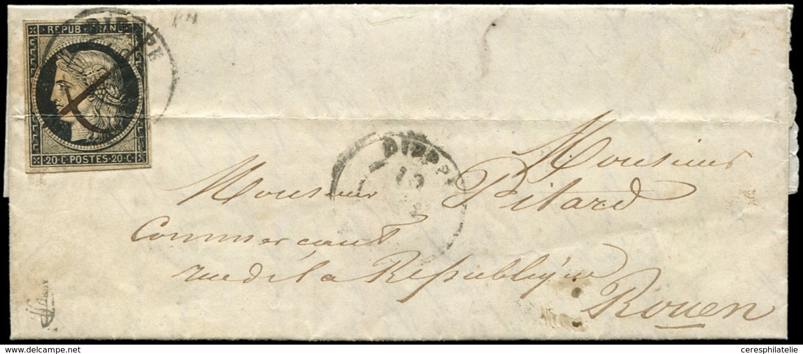 Let EMISSION DE 1849 - 3    20c. Noir Sur Jaune, Fort Pli D'archive, Obl. PLUME Et Càd T15 10/(1/49) Sur LAC, B/TB - 1849-1850 Ceres