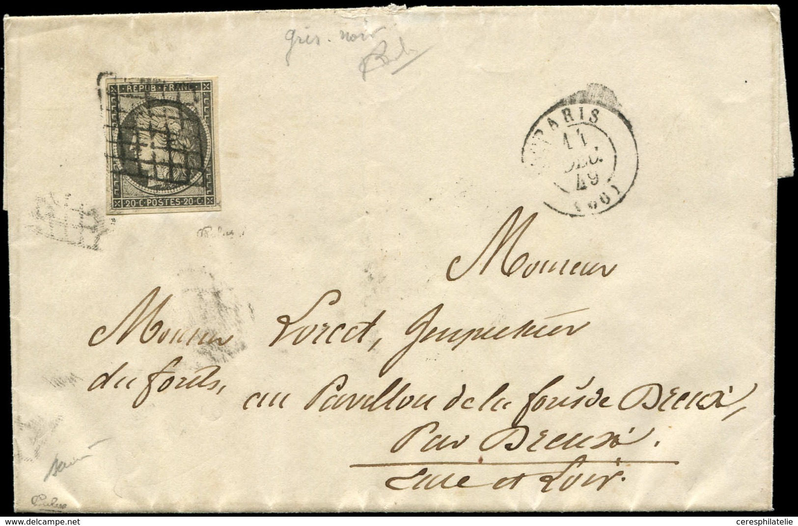 Let EMISSION DE 1849 - 3c   20c. GRIS-NOIR Obl. GRILLE S. LSC, Càd PARIS 11/12/49, TB, Certif. Calves - 1849-1850 Ceres