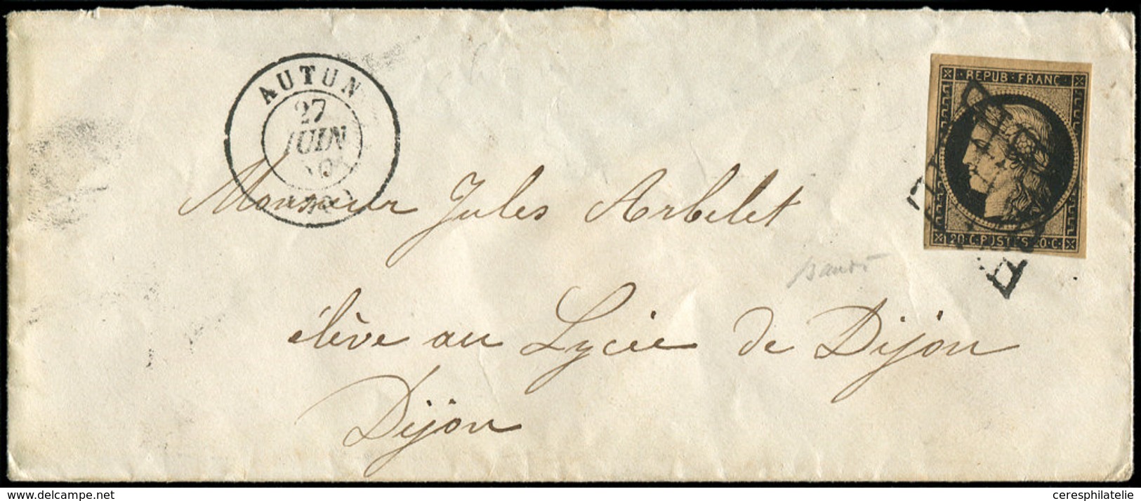 Let EMISSION DE 1849 - 3g   20c. Noir Sur CHAMOIS FONCE, Obl. GRILLE S. Env., Càd T15 AUTUN 27/6/50, TB - 1849-1850 Cérès