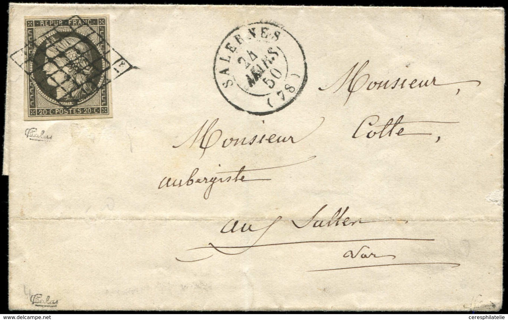 Let EMISSION DE 1849 - 3i   20c. GRIS Obl. GRILLE S. LSC, Càd T15 SALERNES 24/3/50, TTB, Certif. JF Brun, Cote Maury - 1849-1850 Ceres