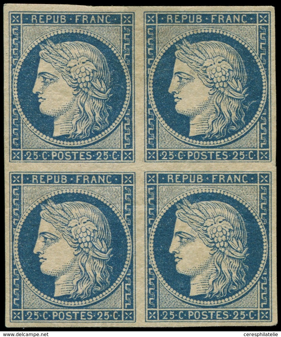 * EMISSION DE 1849 - 4    25c. Bleu, BLOC De 4, Très Frais, TB, Certif. JF Brun - 1849-1850 Ceres