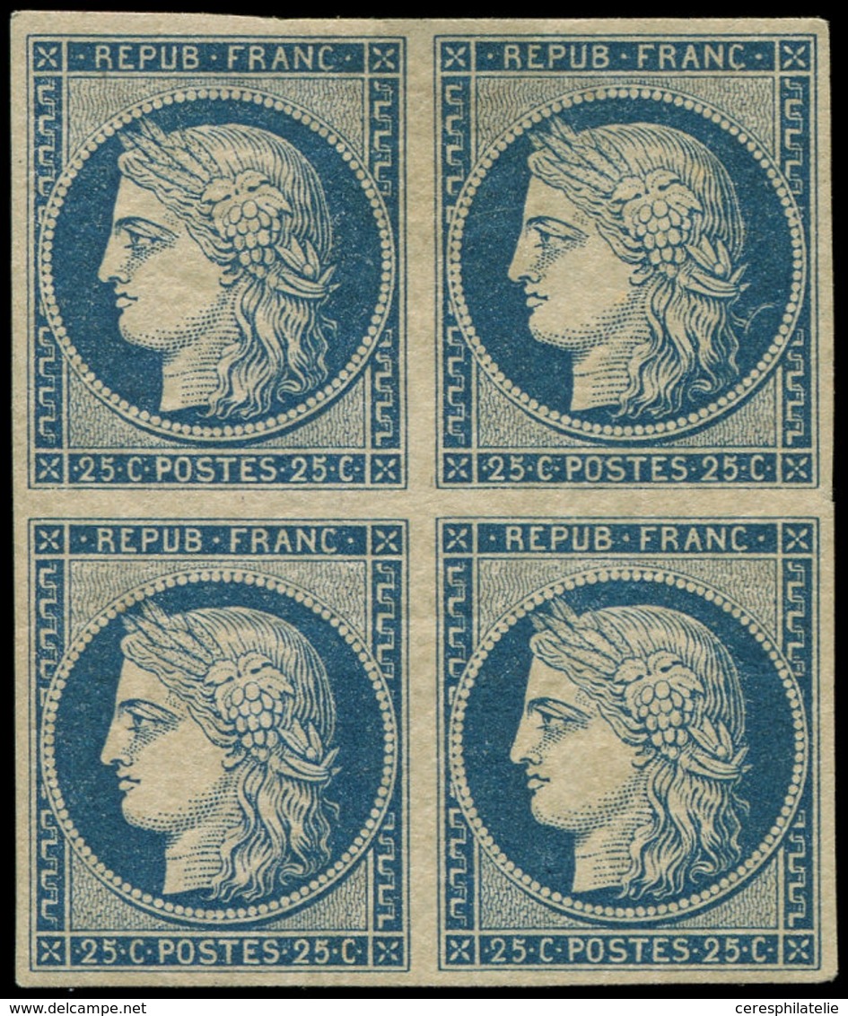 * EMISSION DE 1849 - 4    25c. Bleu, BLOC De 4, Très Frais, TB, Certif. JF Brun - 1849-1850 Cérès