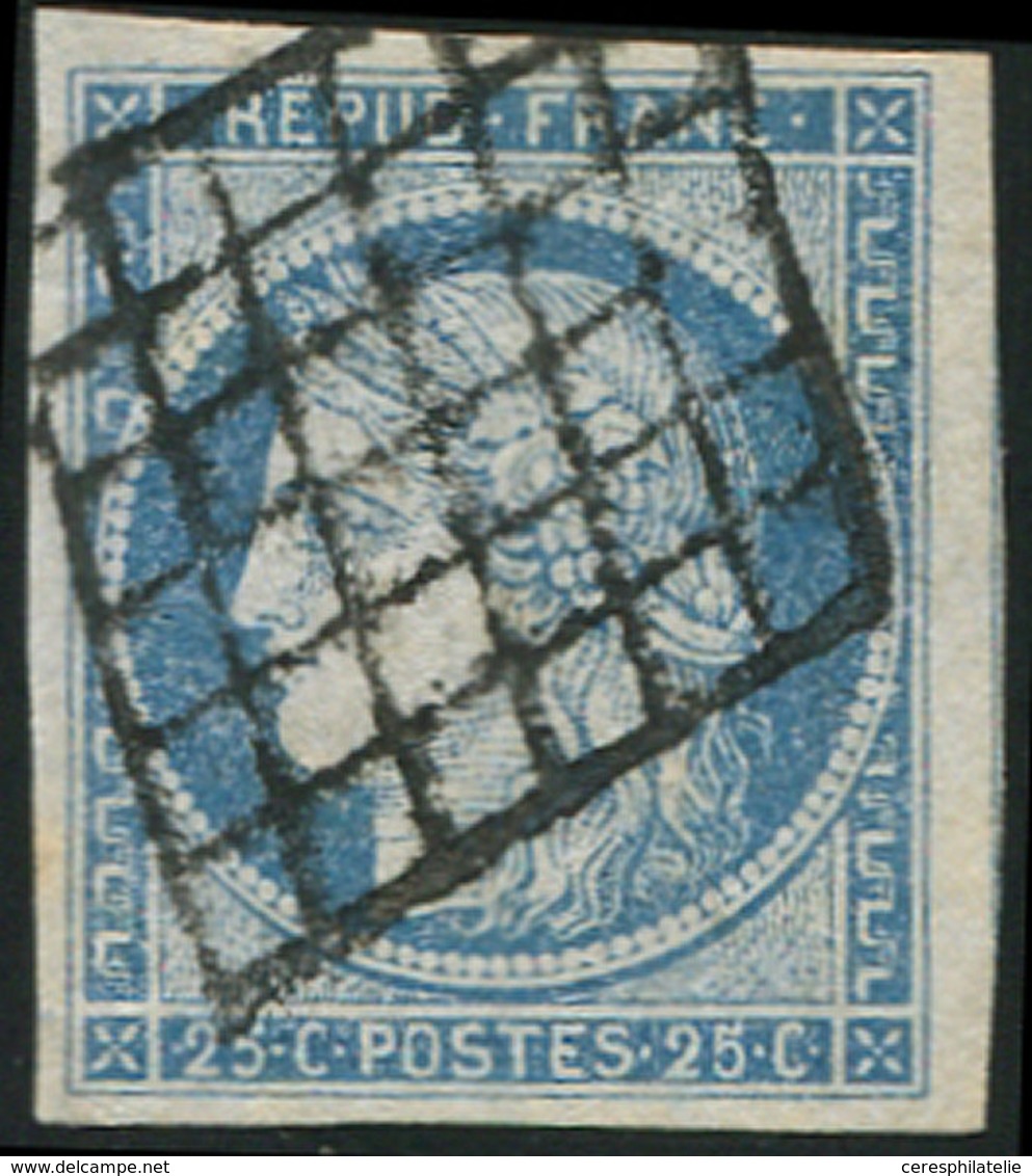 EMISSION DE 1849 - 4    25c. Bleu, Très Bien Margé, Obl. GRILLE, TTB - 1849-1850 Cérès