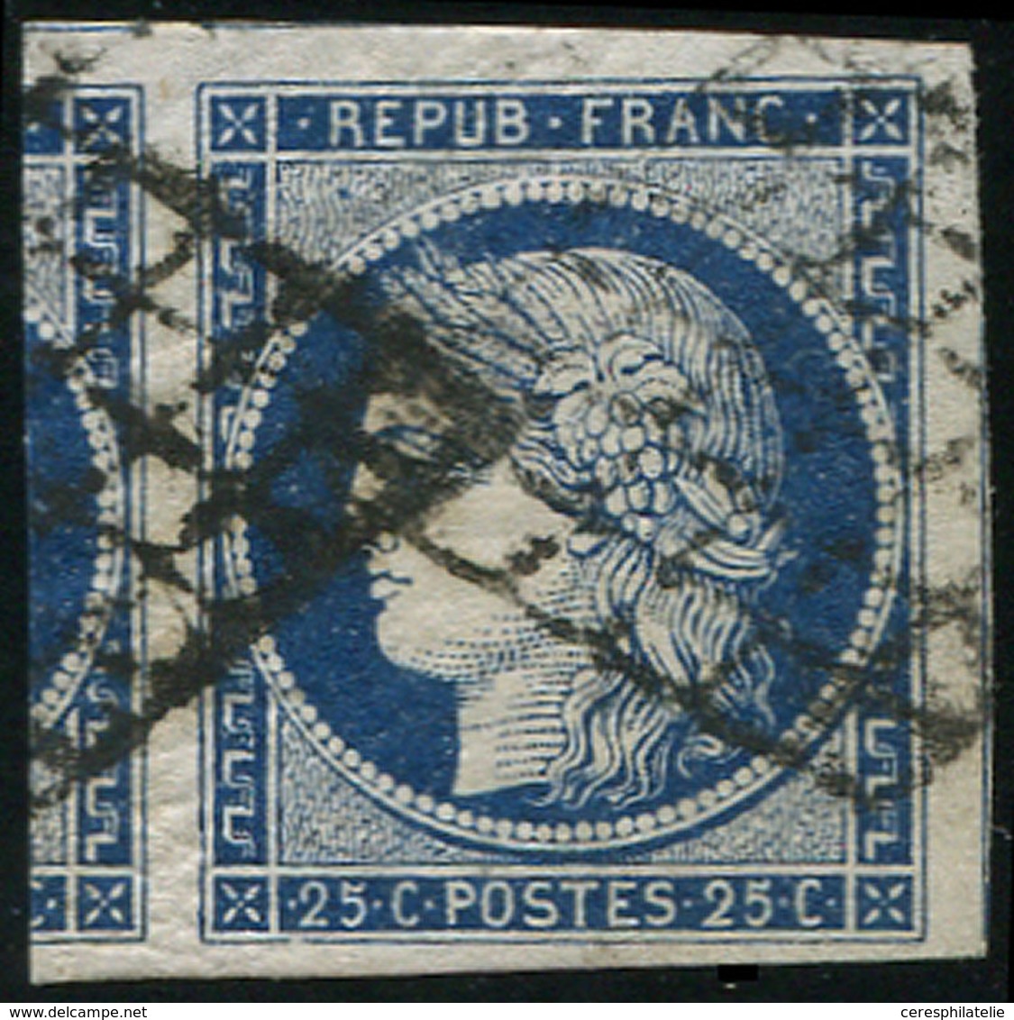 EMISSION DE 1849 - 4a   25c. Bleu Foncé, Voisin à Gauche Et 3 Amorces De Voisins, Obl. GRILLE, Superbe - 1849-1850 Ceres