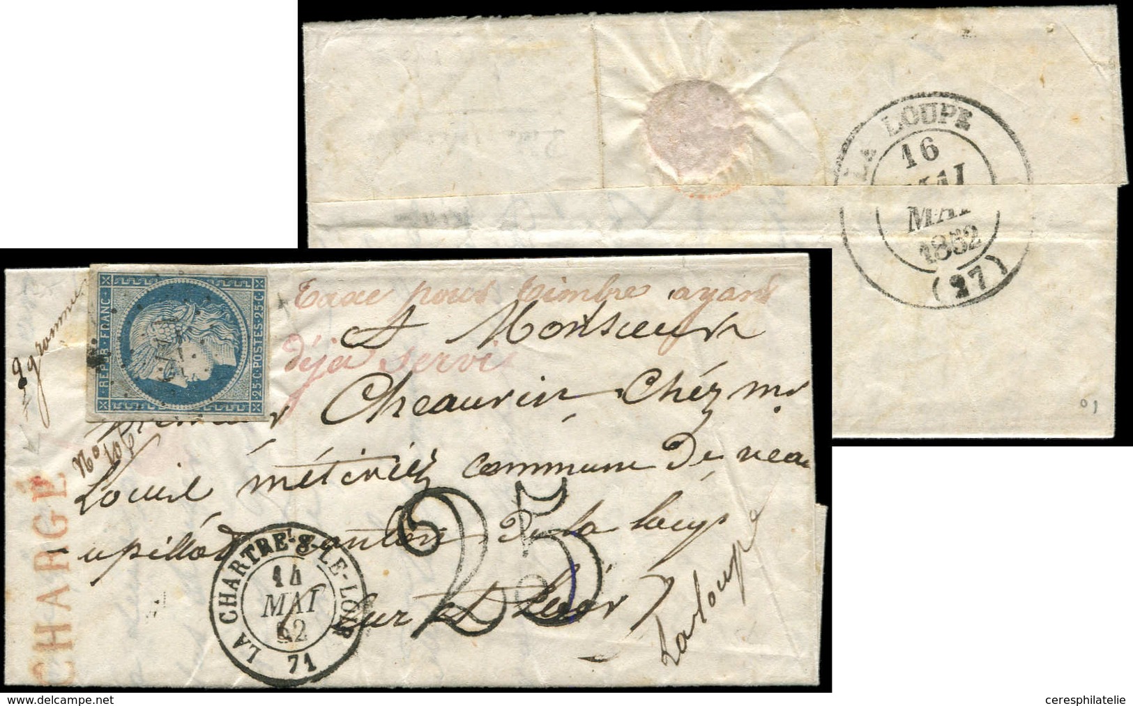 Let EMISSION DE 1849 - 4    25c. Bleu, Obl. S. LAC Avec "Taxe Pour Timbre Ayant Déjà Servi", Càd T15 LA CHARTRE-S-LE-LOI - 1849-1850 Ceres