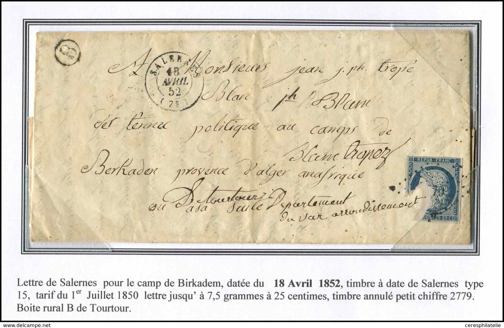 Let EMISSION DE 1849 - 4    25c. Bleu Très Défx Obl. PC 2779 Sur LAC, Càd SALERNES 18/4/52 Et Boite B De Tourtour Pour L - 1849-1850 Cérès