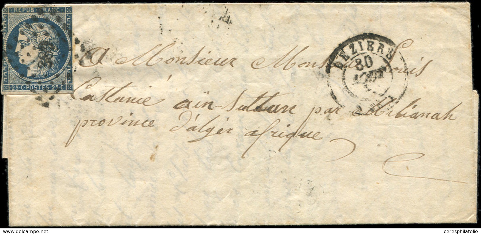 Let EMISSION DE 1849 - 4    25c. Bleu Défx, Obl. PC 389 Sur LAC, Càd BEZIERS 30/8/52 Pour Le Camp De AIN-SULTAN, TB - 1849-1850 Cérès