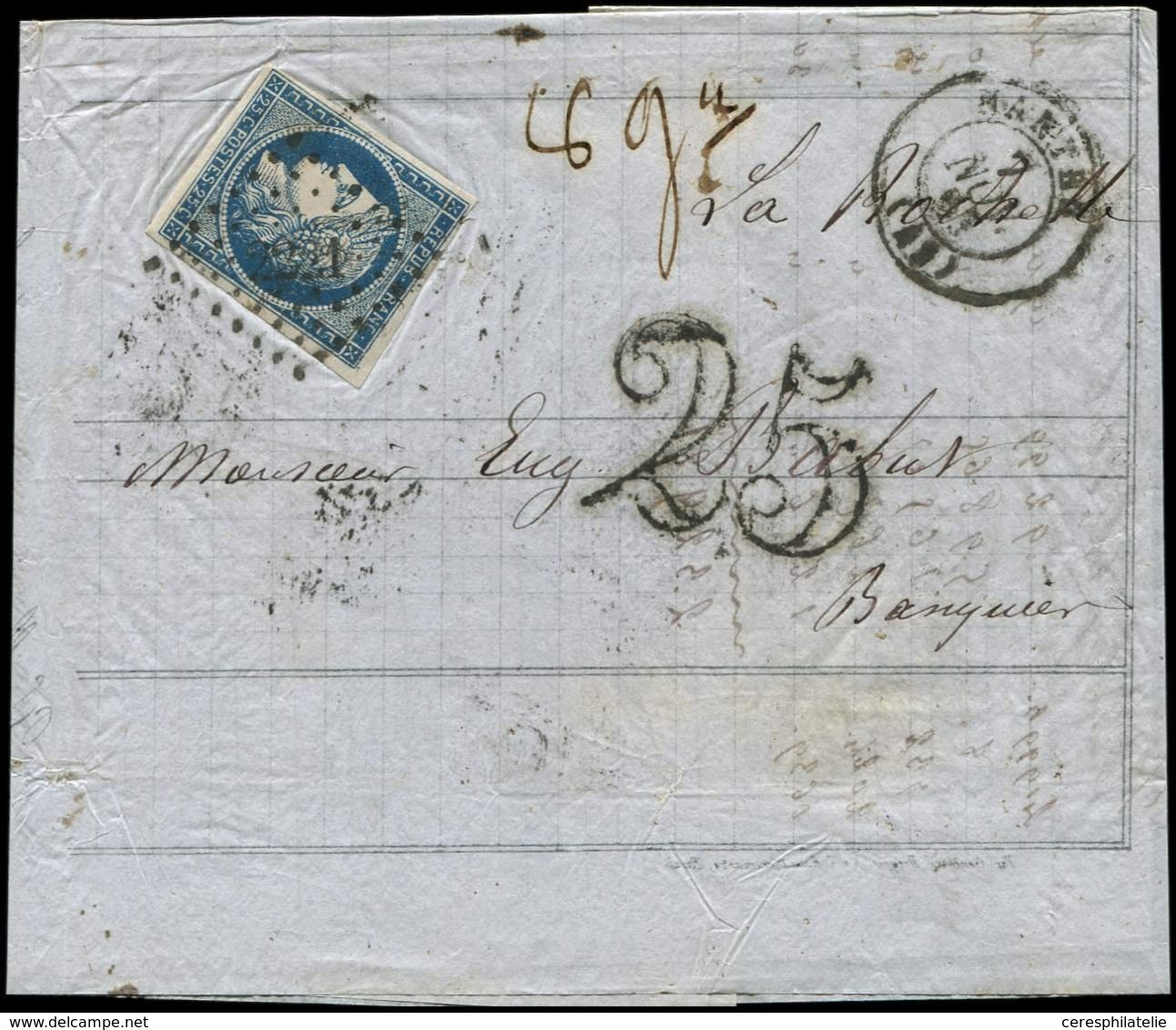 Let EMISSION DE 1849 - 4    25c. Bleu, Obl. PC 2221 S. LAC, Càd T15 NANTES 7/11/50, Taxe 25 DOUBLE Trait, TB - 1849-1850 Ceres