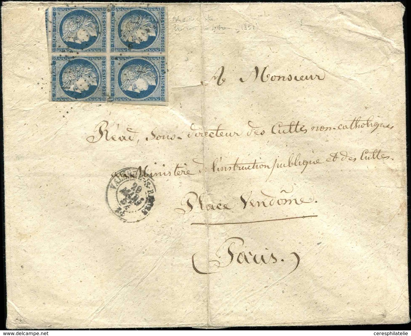 Let EMISSION DE 1849 - 4    25c. Bleu, BLOC De 4 Effleuré En Haut à G., Obl. PC 3471 S. Env. (pli Vertical), Càd T15 VAL - 1849-1850 Ceres