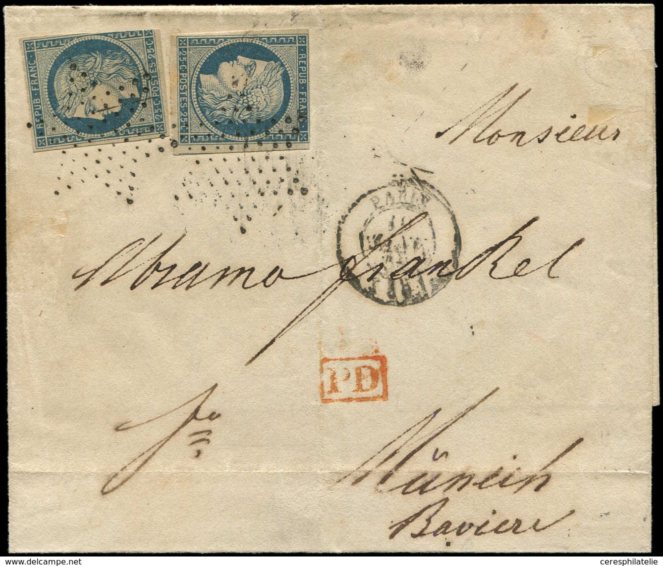 Let EMISSION DE 1849 - 4    25c. Bleu, 2 Ex. Défx, Obl. Etoile S. LSC, Càd T15 PARIS 19/1/(52), Arr. MUNICH Le 22/1, B/T - 1849-1850 Ceres