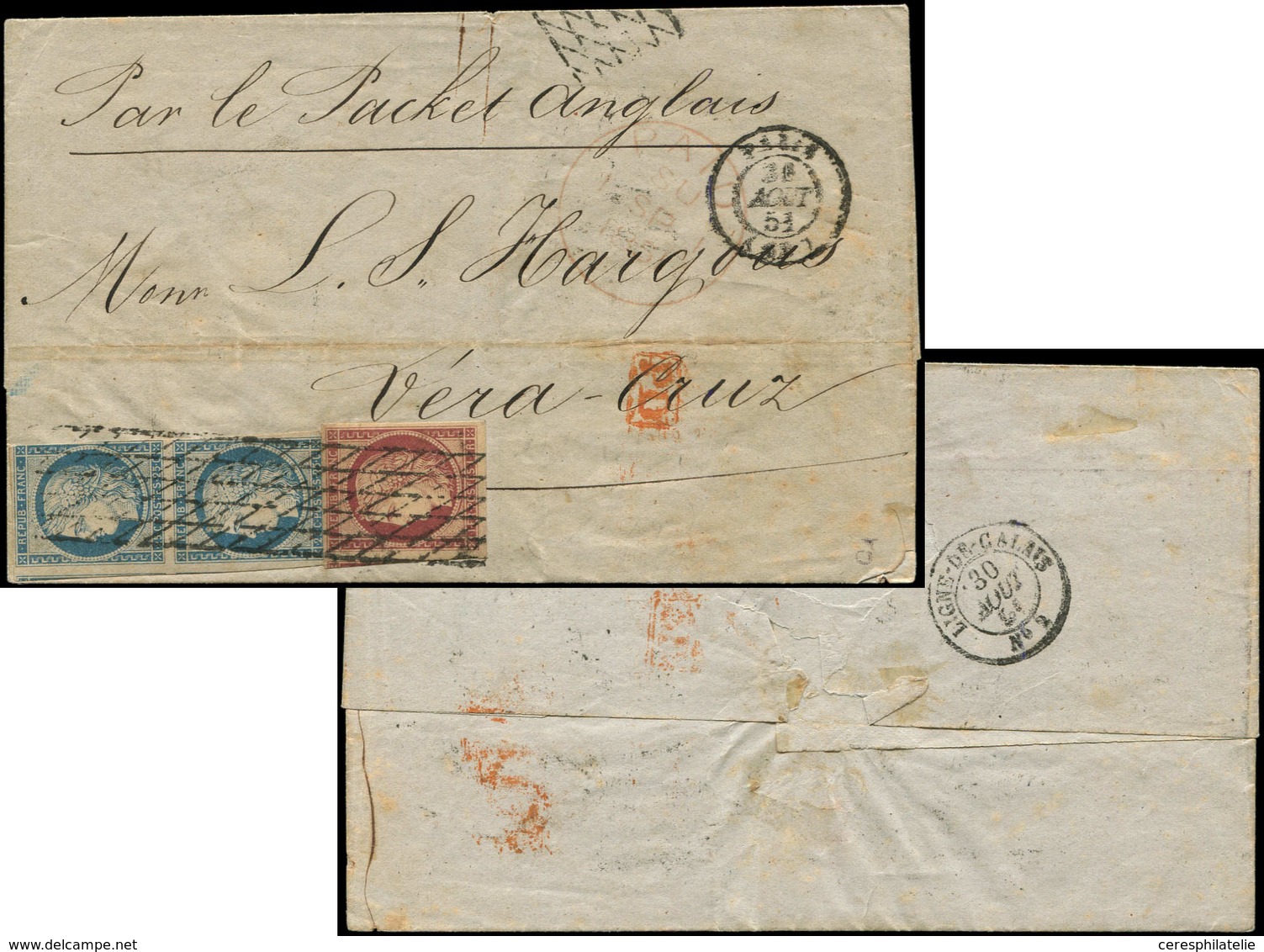 Let EMISSION DE 1849 - 4 Et 6, 25c. Bleu, PAIRE (1 Ex. Touché) Et 1f. Carmin, Obl. GRILLE SANS FIN Sur LSC, Càd PARIS 30 - 1849-1850 Cérès