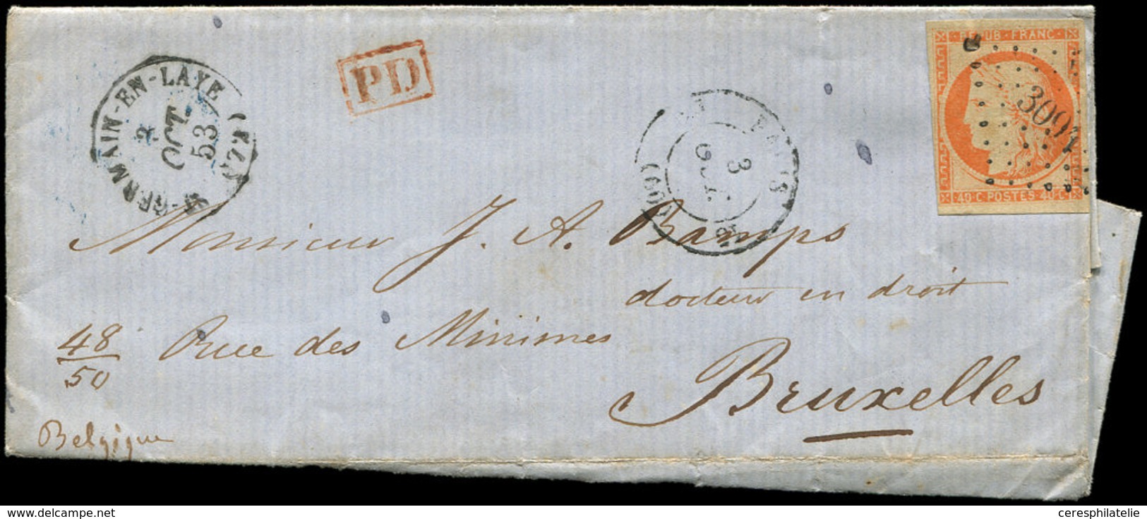 Let EMISSION DE 1849 - 5    40c. Orange, Filet Coupé Dans Un Angle, Obl. PC 3094 S. LAC, Càd T15 ST GERMAIN-EN-LAYE 3/10 - 1849-1850 Cérès