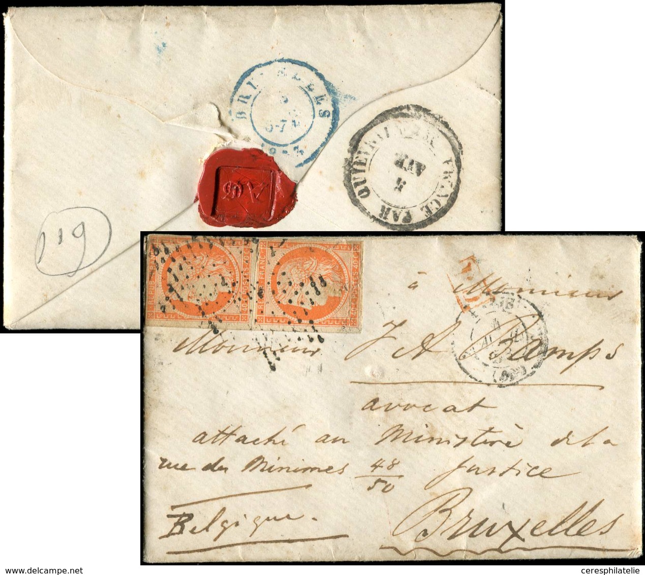 Let EMISSION DE 1849 - 5    40c. Orange, PAIRE Défse, Obl. Etoile Sur LAC, Càd PARIS 4/4/53, Arr. BRUXELLES, B/TB - 1849-1850 Cérès