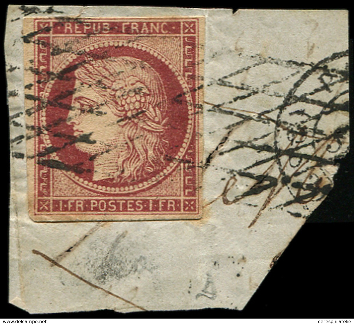 EMISSION DE 1849 - 6     1f. Carmin, Oblitéré GRILLE SANS FIN Sur Fragment, TB - 1849-1850 Cérès
