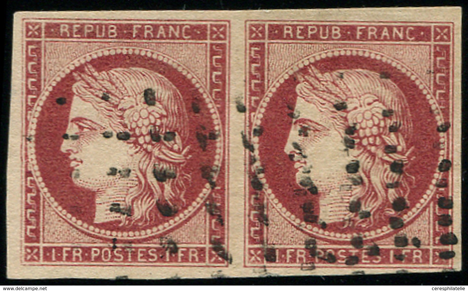 EMISSION DE 1849 - 6     1f. Carmin, PAIRE Obl. GROS POINTS, Grandes Marges, TTB. Br - 1849-1850 Cérès