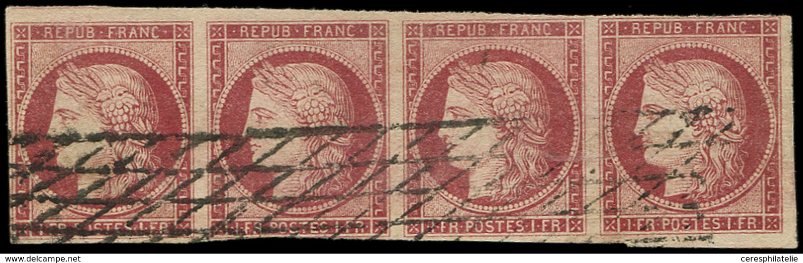 EMISSION DE 1849 - 6     1f. Carmin, BANDE De 4, 2 Ex. Filet Effl., Obl. GRILLE SANS FIN, B/TB. C - 1849-1850 Ceres