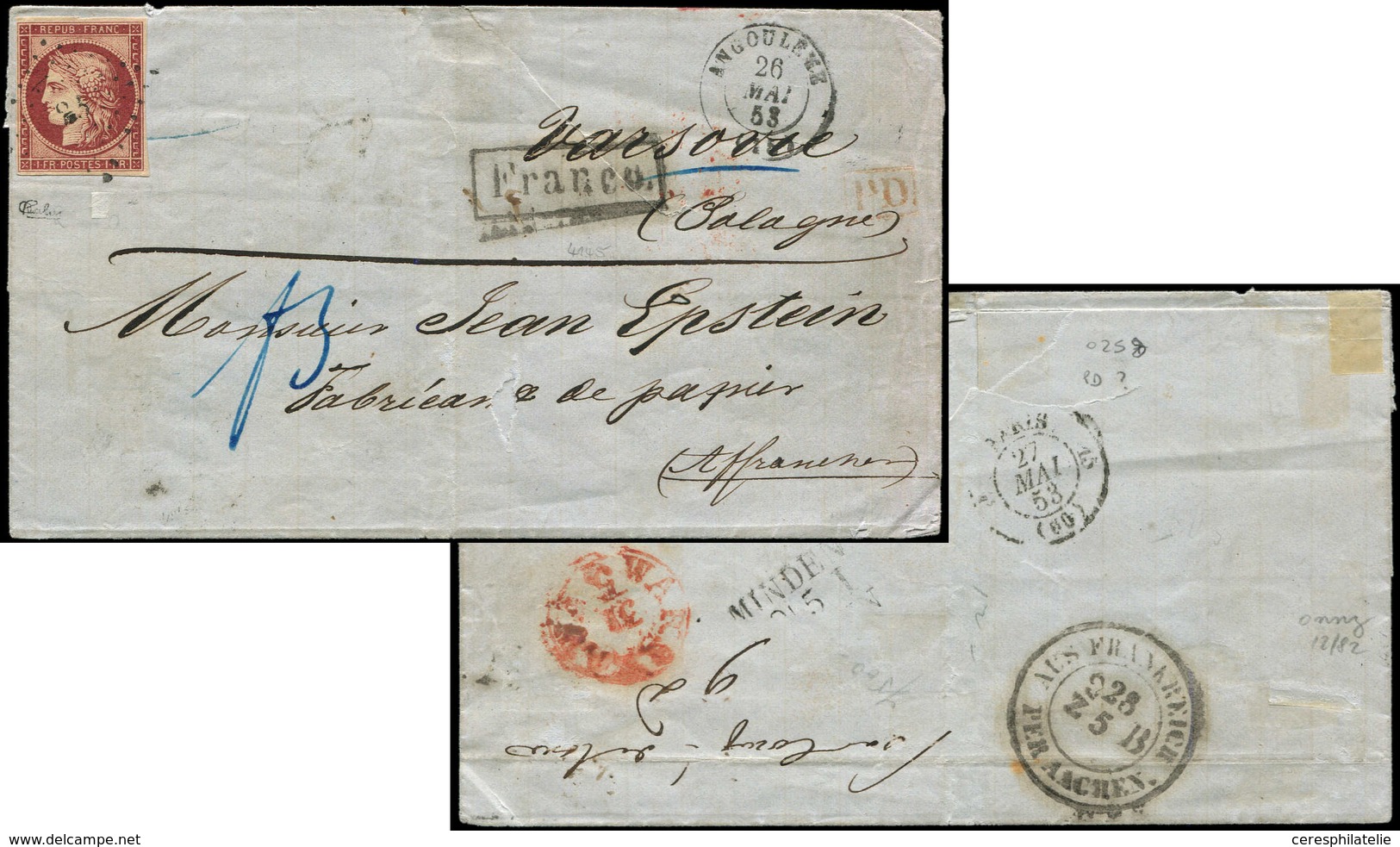 Let EMISSION DE 1849 - 6     1f. Carmin, Obl. PC 83 S. LSC, Càd T15 ANGOULEME 26/5/53, Arr. WARSAWA 31/5, RR, TB - 1849-1850 Cérès