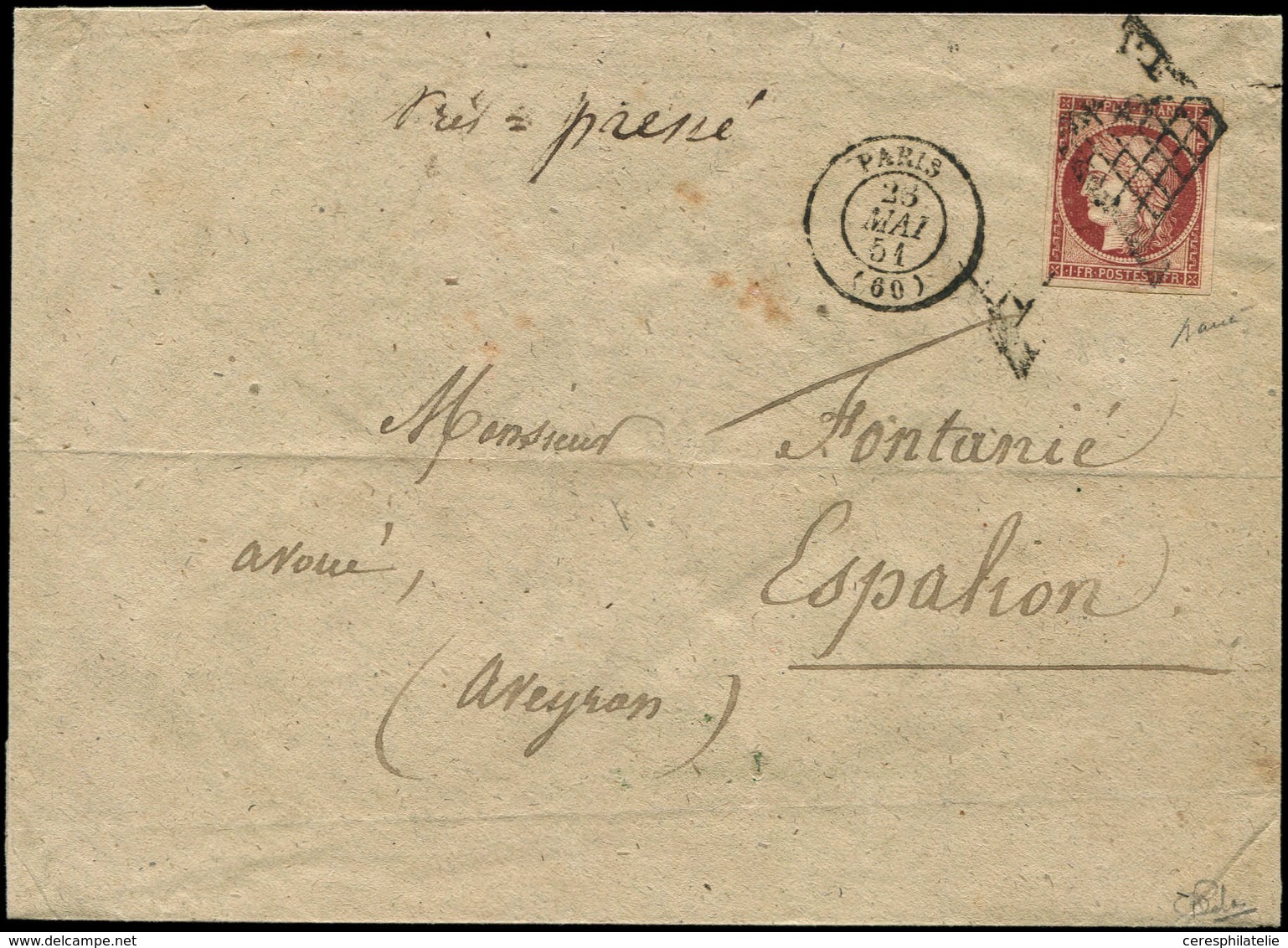 Let EMISSION DE 1849 - 6     1f. Carmin, Obl. GRILLE S. Env., Càd T15 PARIS 28/5/51, TB. C - 1849-1850 Ceres