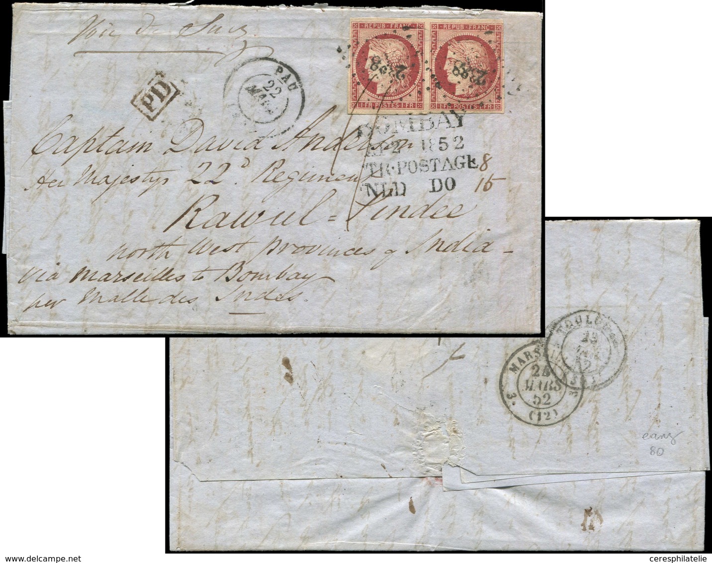 Let EMISSION DE 1849 - 6     1f. Carmin, PAIRE Obl. PC 2388 S. LAC, Càd T15 PAU 22/3/52, Passage Marseille 24/3 "la Mall - 1849-1850 Ceres