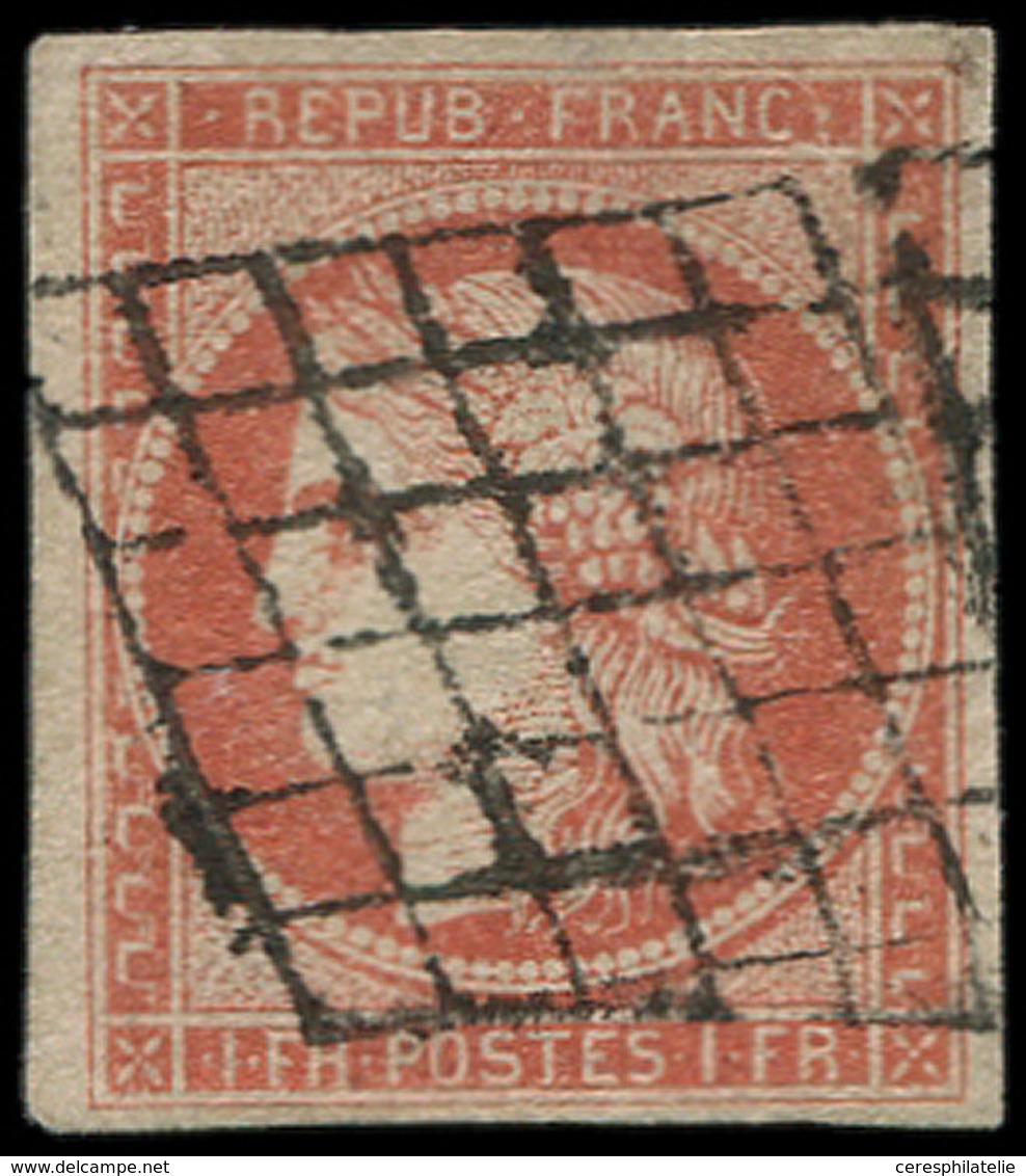 EMISSION DE 1849 - 7     1f. VERMILLON, Obl. GRILLE, Réparé Mais Très Plaisant D'aspect - 1849-1850 Cérès