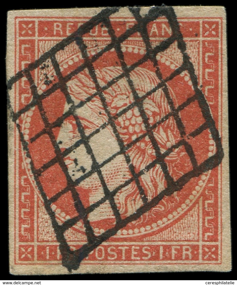 EMISSION DE 1849 - 7a    1f. VERMILLON VIF, Superbe Nuance, Obl. GRILLE, TTB, Certif. Scheller - 1849-1850 Cérès