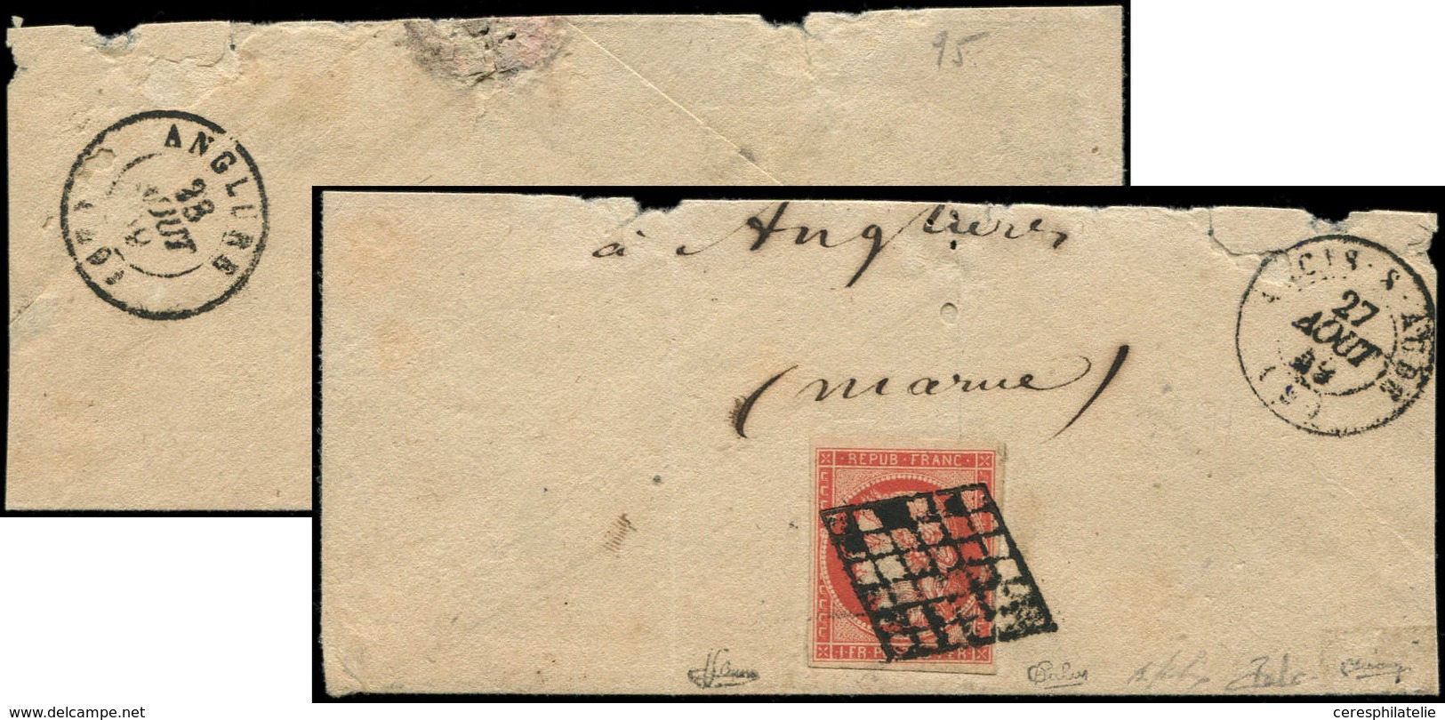 EMISSION DE 1849 - 7a    1f. VERMILLON VIF, Obl. GRILLE S. Fragt, Càd T15 ABLIS-S-AUBE 27/8/49, TB. C Et J - 1849-1850 Ceres