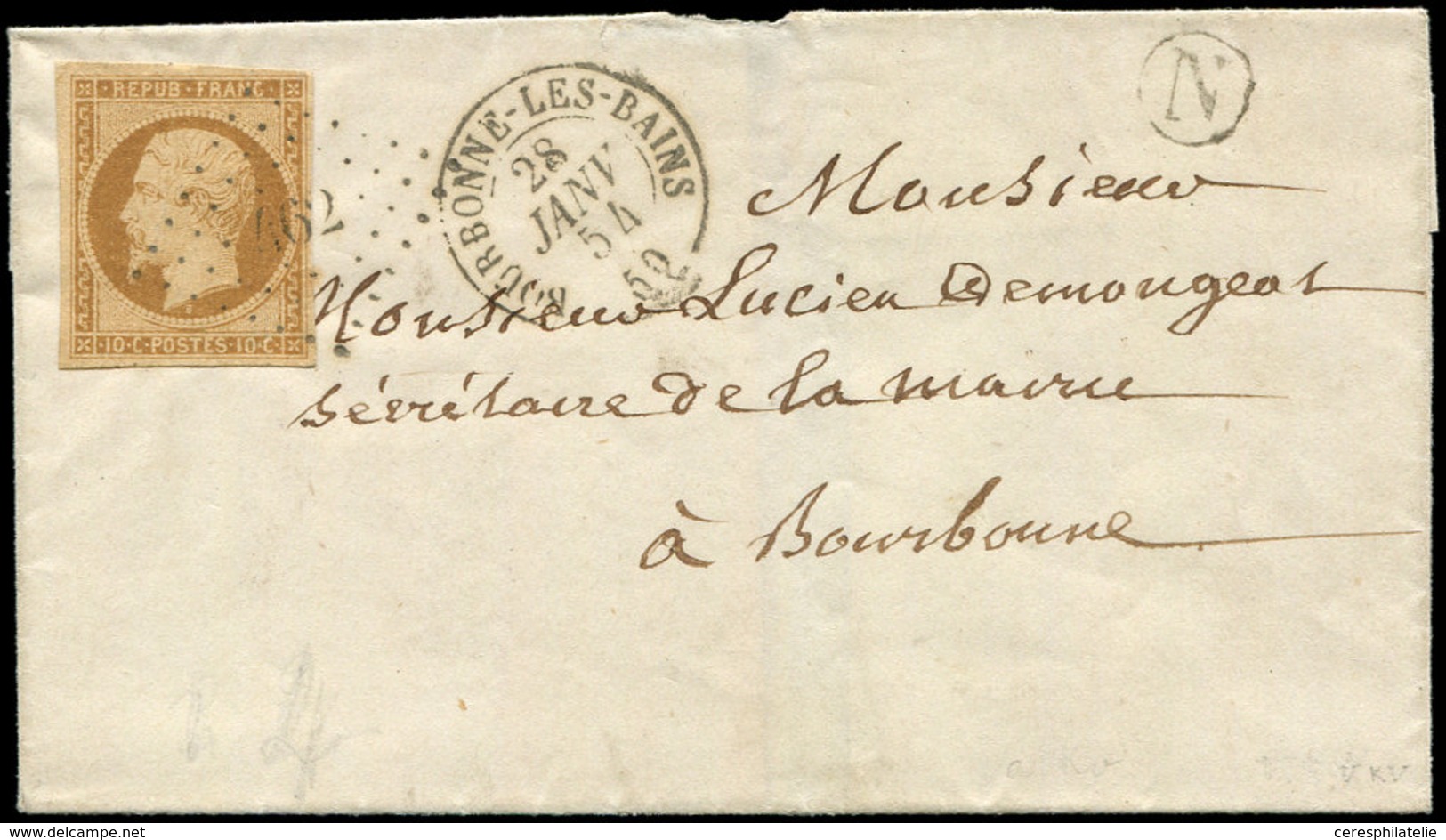 Let PRESIDENCE - 9    10c. Bistre-jaune, Obl. PC 462 S. LSC Locale, Càd T15 BOURBONNE-LES-BAINS 28/1/54 Et Boite N, Supe - 1852 Louis-Napoléon