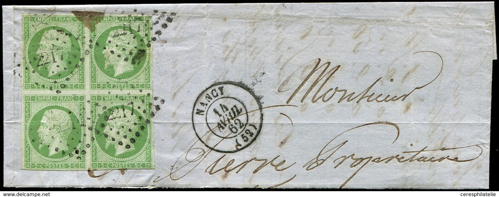 Let EMPIRE NON DENTELE - 12    5c. Vert, BLOC De 4 Déf., Obl. PC 2217 S. Partie De LSC (petite Tache D'encre D'imprimeri - 1853-1860 Napoleone III