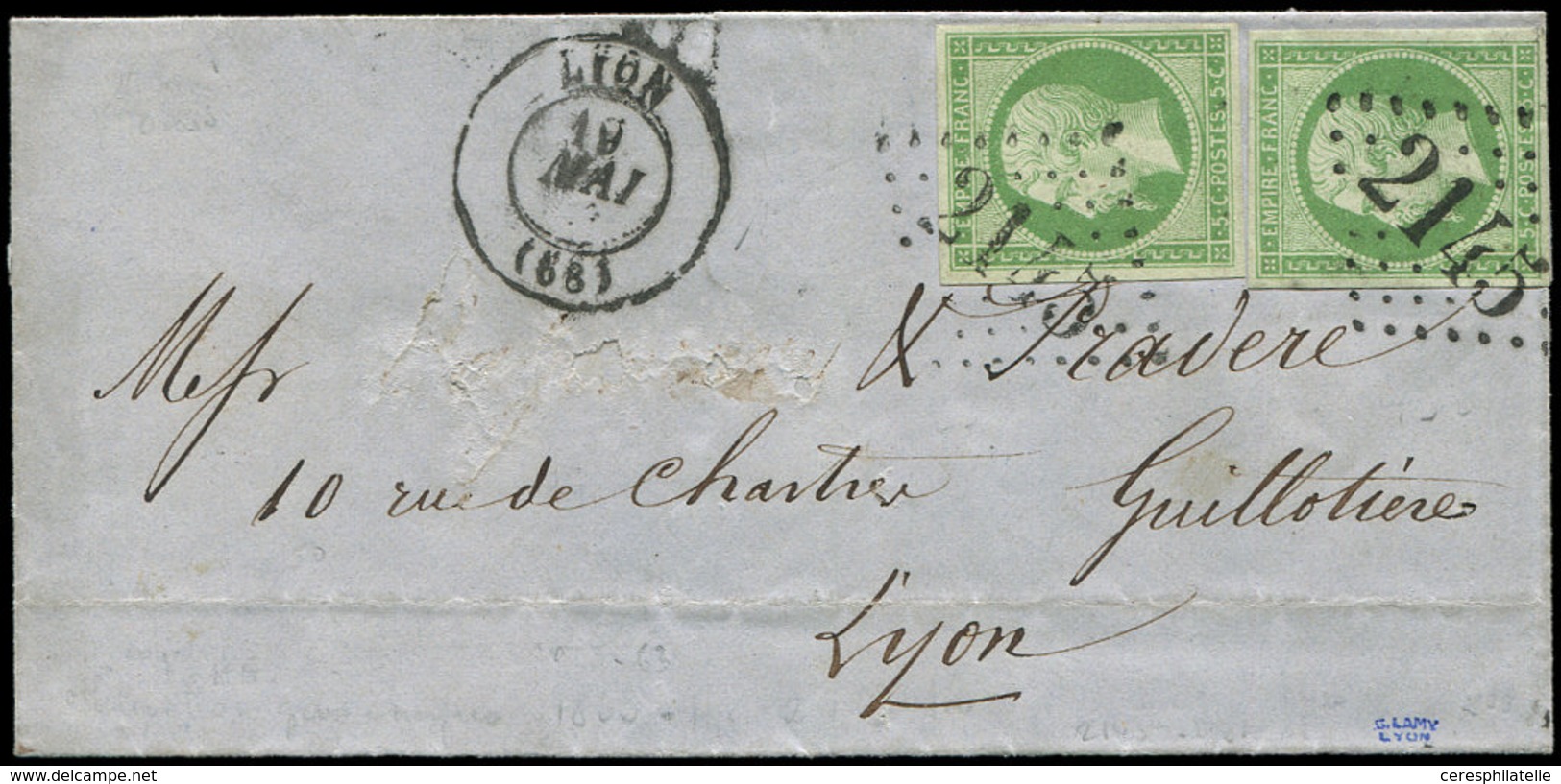 Let EMPIRE NON DENTELE - 12    5c. Vert (2) Obl. GC 2145 S. LSC Locale, Càd T15 LYON 19/5/68, TTB - 1853-1860 Napoleon III