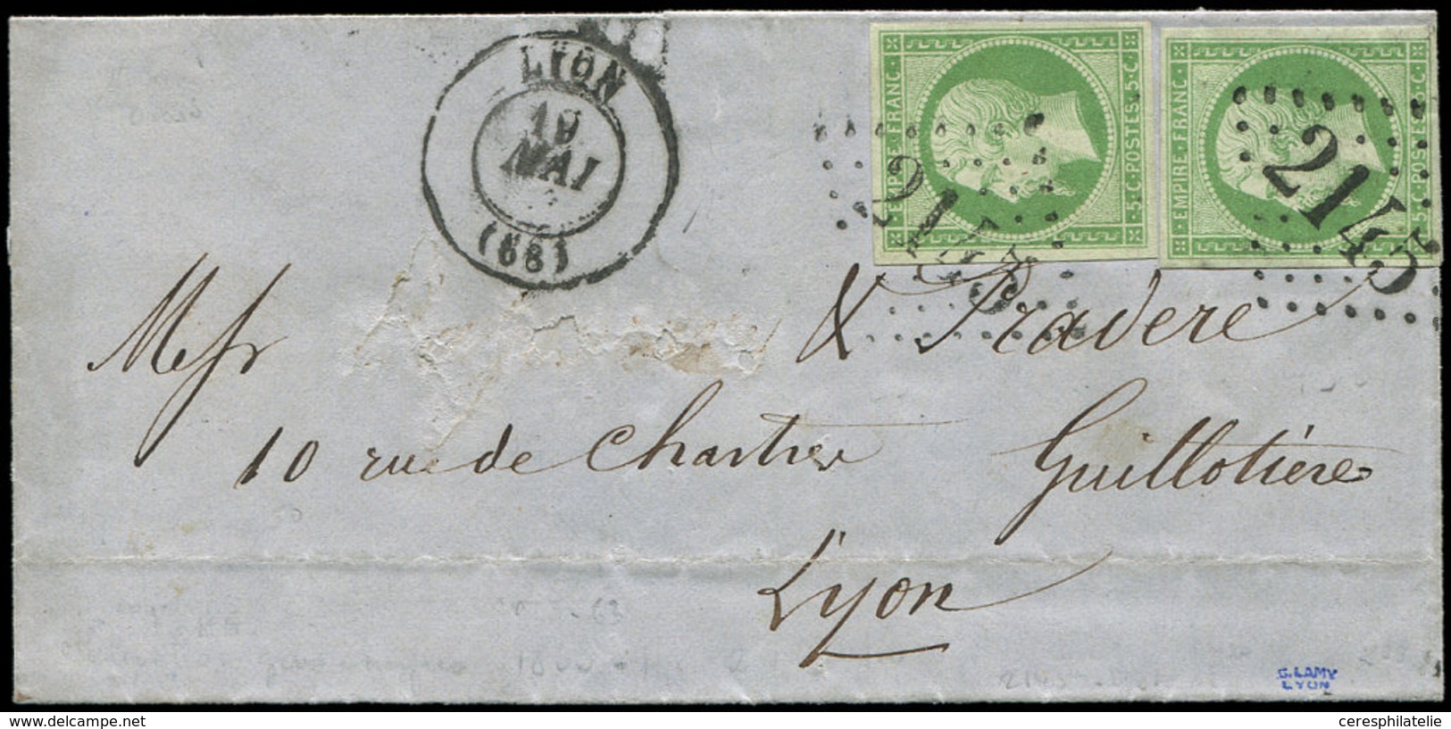 Let EMPIRE NON DENTELE - 12    5c. Vert (2) Obl. GC 2145 S. LSC Locale, Càd T15 LYON 19/5/68, TTB - 1853-1860 Napoléon III