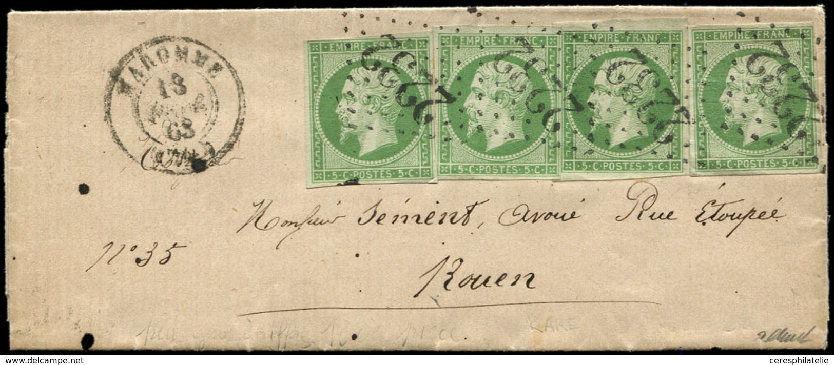 Let EMPIRE NON DENTELE - 12    5c. Vert, 4 Ex. Obl. GC 2232 S. LAC, Càd T15 MAROMME 13/2/63, TTB - 1853-1860 Napoléon III