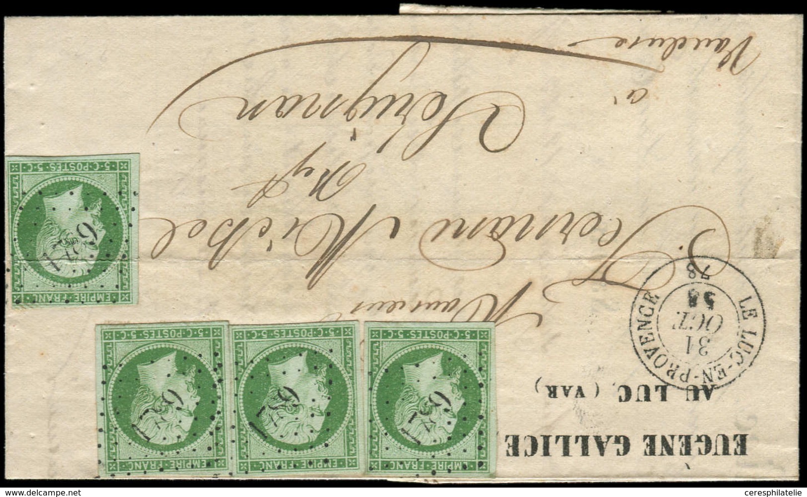 Let EMPIRE NON DENTELE - 12b   5c. Vert FONCE (4 Ex. Dt 1 Pli D'archive), Obl. PC 1789 S. LAC, Càd T15 LE LUC En PROVENC - 1853-1860 Napoleone III