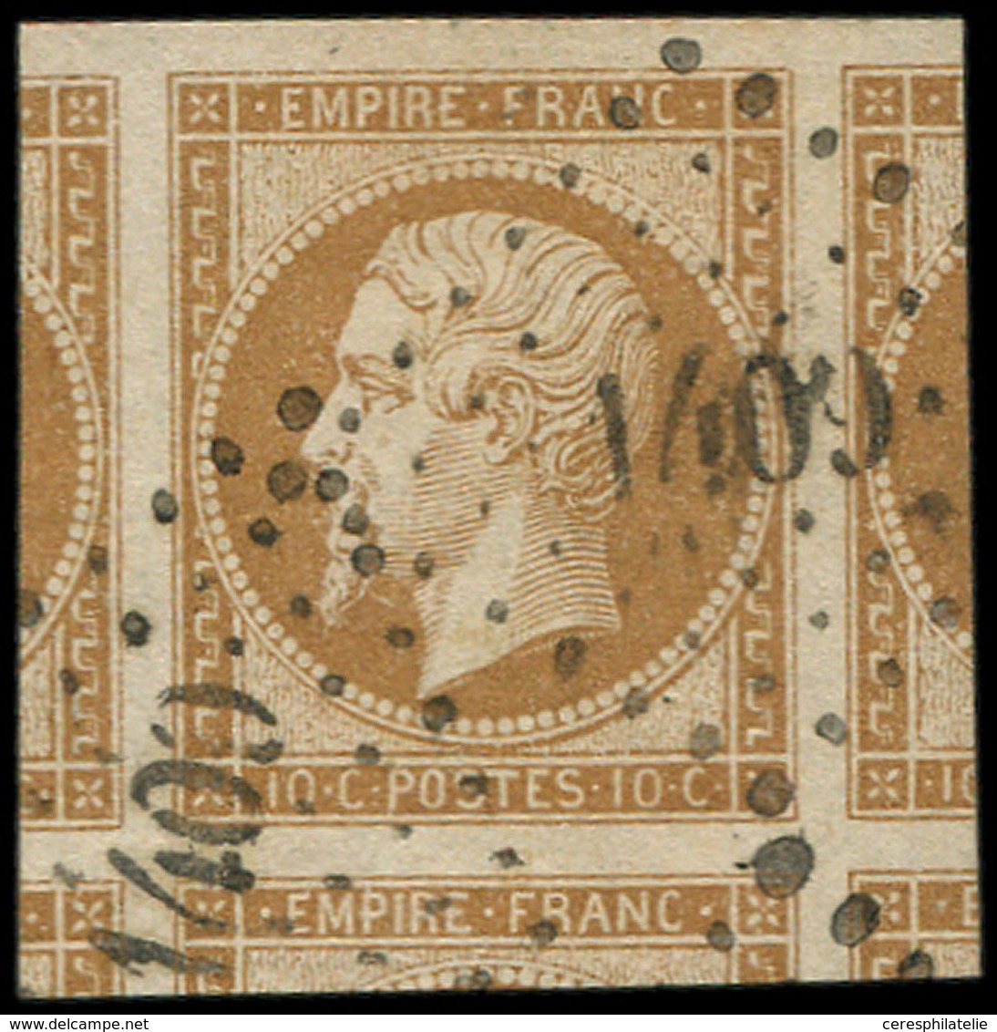 EMPIRE NON DENTELE - 13A  10c. Bistre, Marges énormes Avec 5 Voisins, Obl. PC 1409, Superbe - 1853-1860 Napoléon III