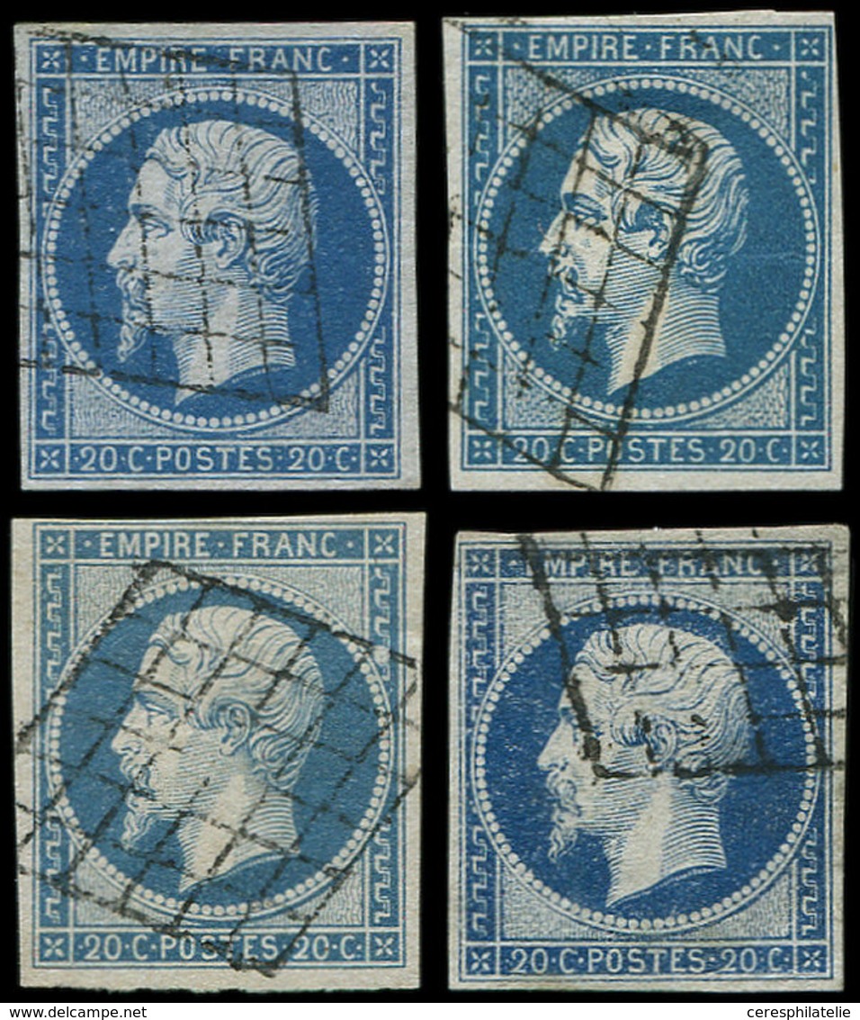 EMPIRE NON DENTELE - 14A  20c. Bleu, T I, 4 Ex. Obl. GRILLE, TB - 1853-1860 Napoléon III