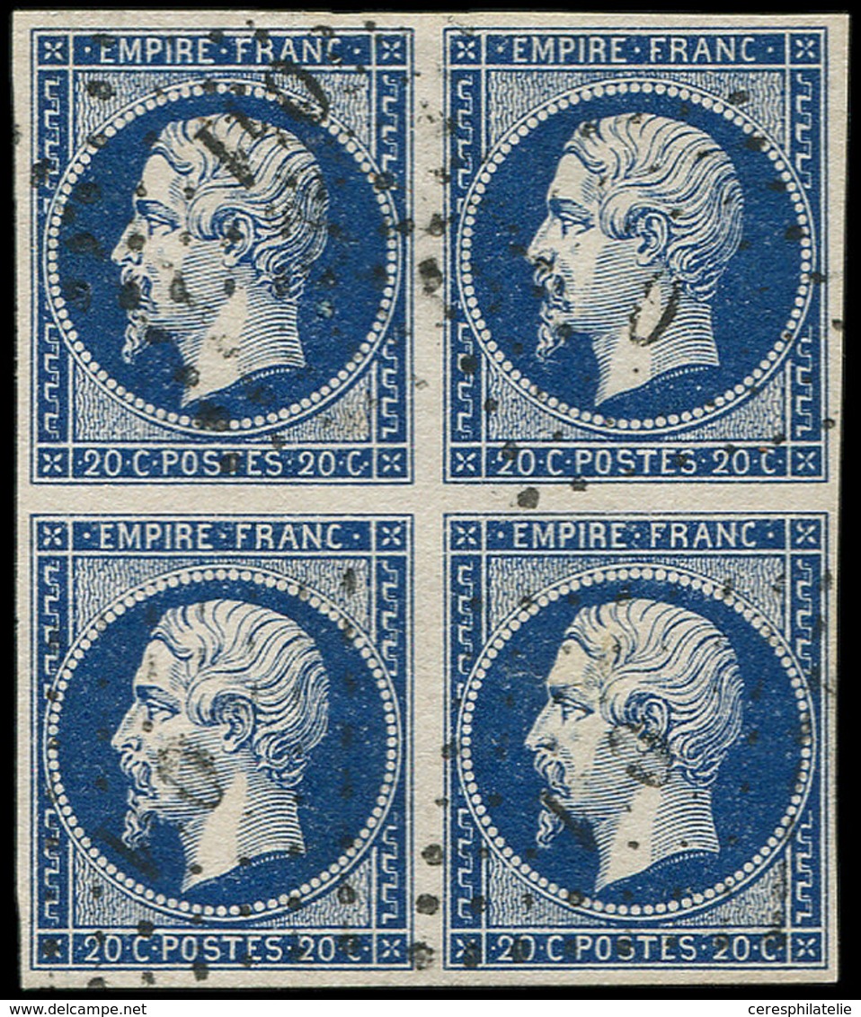 EMPIRE NON DENTELE - 14Aa 20c. Bleu Foncé, T I, BLOC De 4 Obl. PC, TTB - 1853-1860 Napoléon III