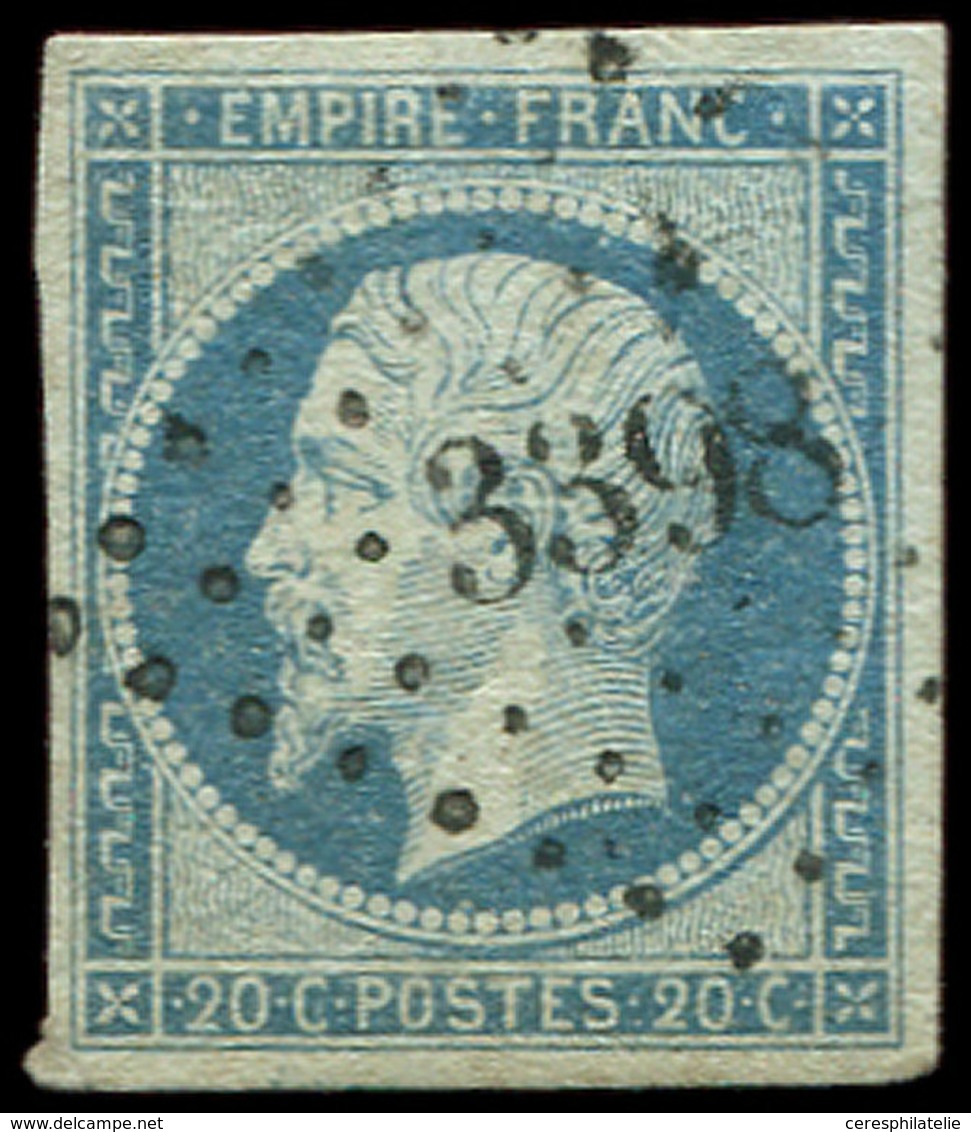 EMPIRE NON DENTELE - 14Ad 20c. Bleu Sur Vert Obl. PC 3398, TTB. C - 1853-1860 Napoleone III