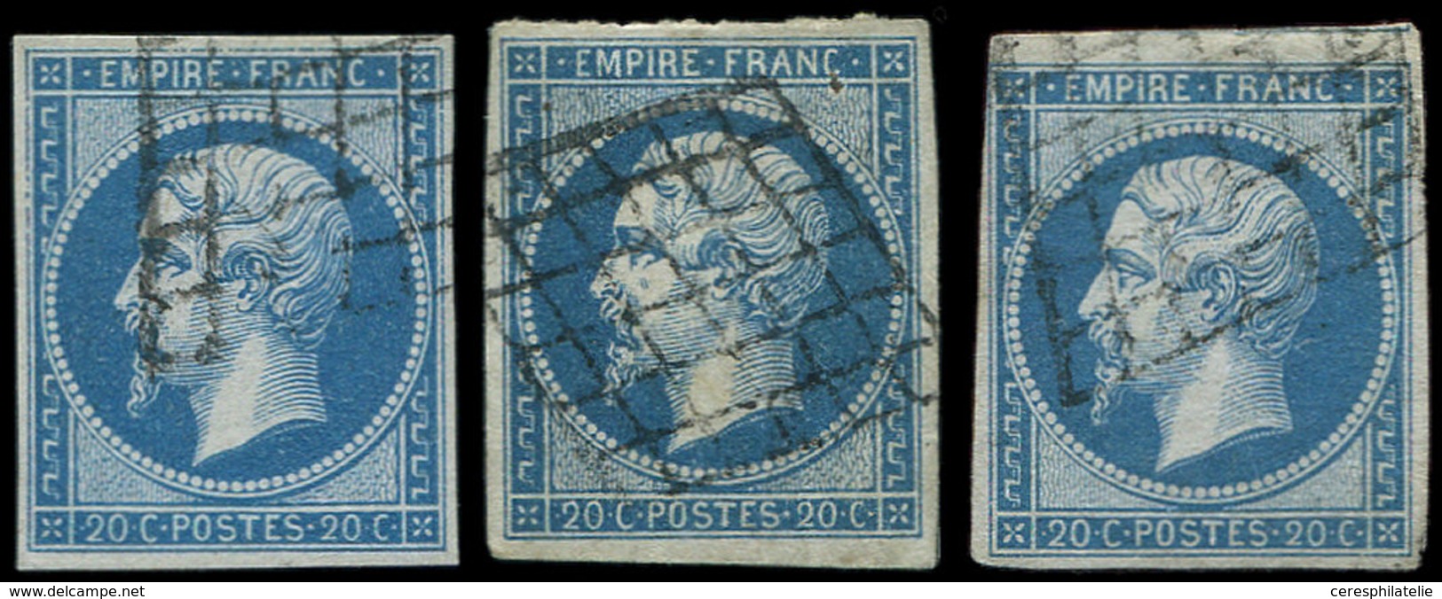 EMPIRE NON DENTELE - 14B  20c. Bleu, T II, 3 Ex. Obl. GRILLE, Un Ex. Au Filet Dans Un Angle, Les Autres TB - 1853-1860 Napoleone III